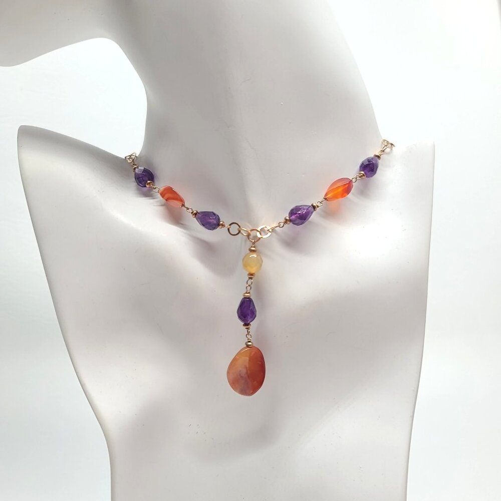 Sterling silver 925 rose gold plated amethyst red carnelian Y pendant necklace